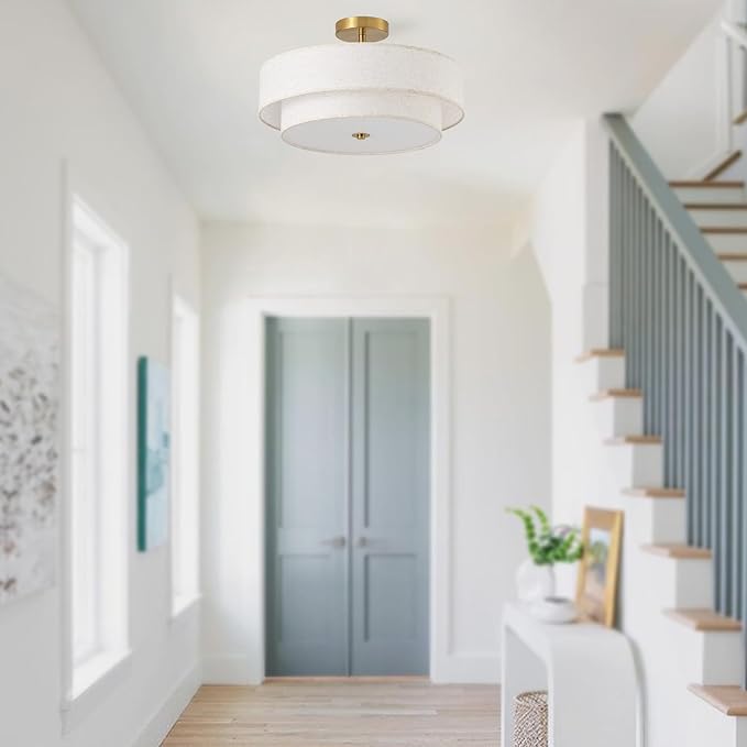 17.7" Semi Flush Mount Ceiling Light Fixtures, Gold Close to Ceiling Light Fixtures with 2-Tier Drum Fabric Lamp Shade, Modern Ceiling Light Fixtures Flush Mount for Bedroom Hallway Nursery