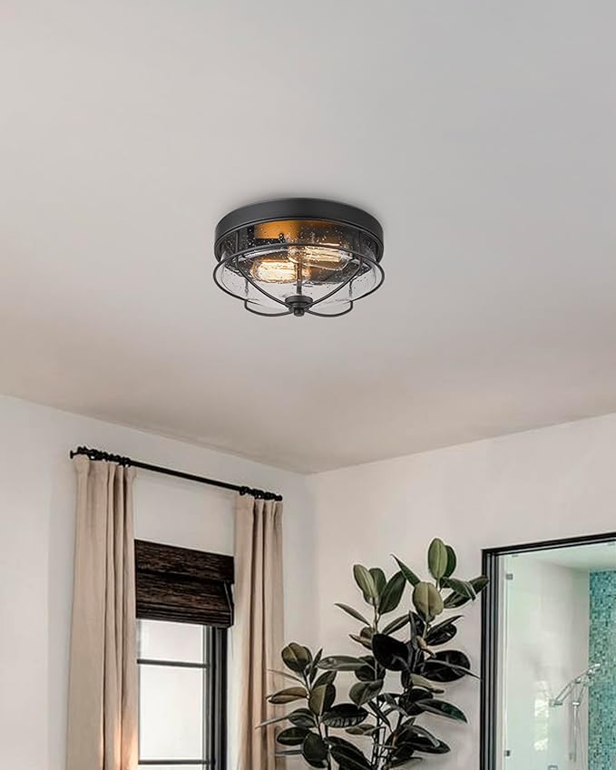 HWH INVESTMENT Flush Mount Ceiling Light Fixtures, 12 inch 2-Light Farmhouse Close to Ceiling Light Fixture with Seeded Glass Shade, Sand Black Finish, 5HTJ7-F BK