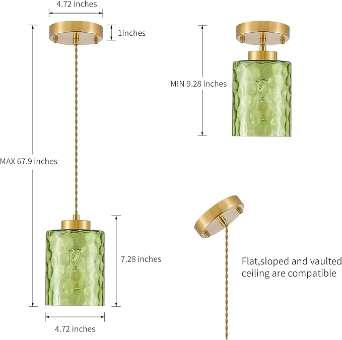 MWZ Gold Pendant Lights Kitchen Island 3 Pack, Modern Hanging Kitchen Pendant Lighting Over Sink with Green Hammered Glass Shade,Small Chandeliers Fixtures Adjustable Cord Hanging Lighting