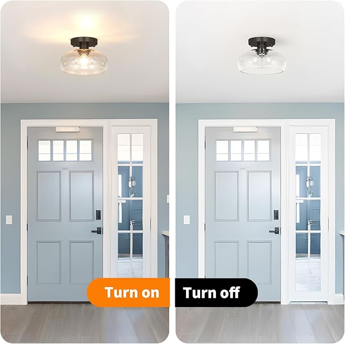 Classic Black Hallway Light Fixture - 8 Inch Round Semi Flush Mount Ceiling Light with Seeded Glass Shade, Mid-Century Style Close to Ceiling Design for Entryways & Corridors