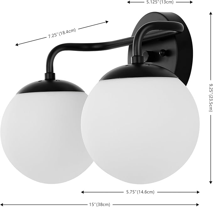 JONATHAN Y 15" Black Modern Globe Wall Sconce Vanity Light for Bathroom, White Frosted Glass Shade, Midcentury Parisian Bistro Wall Lamp, LED Bulb Included (JYL3535B)