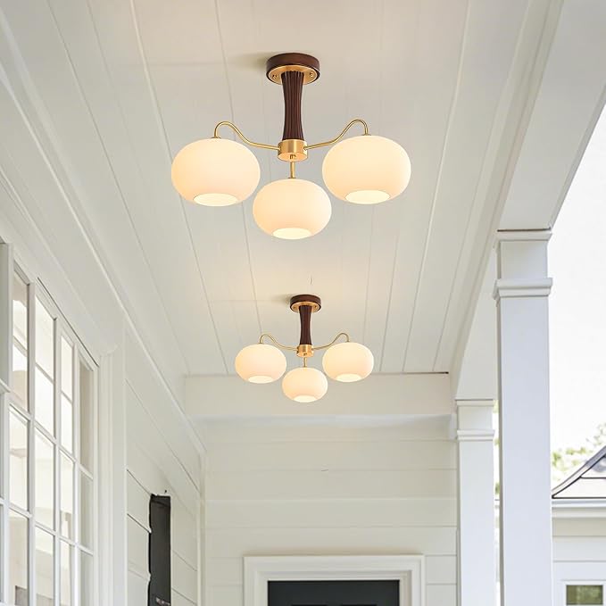 Semi Flush Mount Ceiling Light,3-Light Glass Lampshade Mid Century Ceiling Light Fixture for Bedroom Entryway Loft Kitchen Farmhouse
