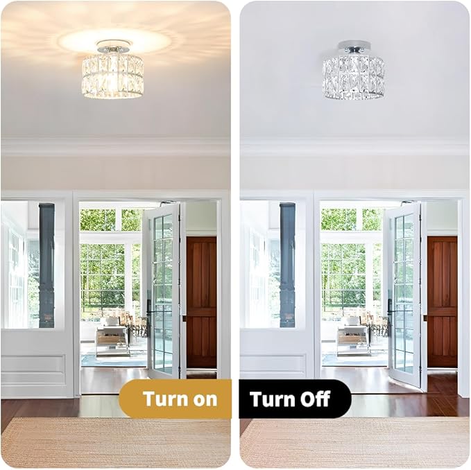 Crystal Ceiling Light Fixture, Modern Chrome Crystal Chandelier, Small Semi Flush Mount Ceiling Lighting, Round Hallway Lighting for Kitchen Entryway Bedroom Bathroom, 1-Light, 8.8 Inch