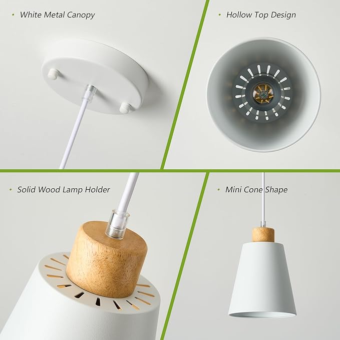 3 Pack Mini White Pendant Light Kitchen Island Modern Wood Pendant Lighting Cone Hanging Lights Hollow Top Nordic Island Light for Counter, Bar, Hallway
