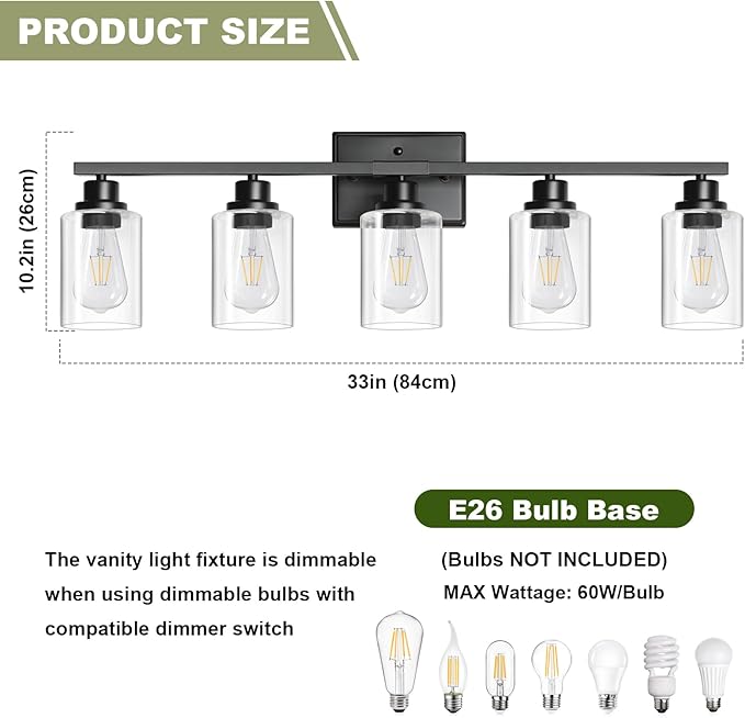 Unicozin Modern Bathroom Light Fixtures, 5 Light Vanity Lights Over Mirror, Black Wall Lamp with Clear Glass for Living Room Cabinet Bedroom Porch