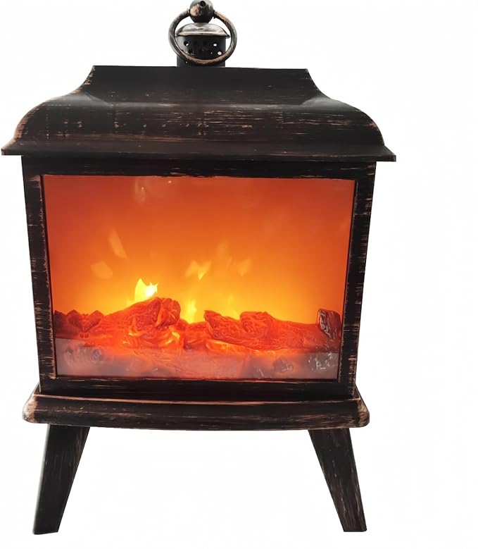 Simulated LED Fireplace Lantern USB & Battery Powered Flameless Light with Emulation Flame Table Decorative Lamp Copper Fireplace Ornament for Cozy Home Decor Free Standing Electric Log Burner