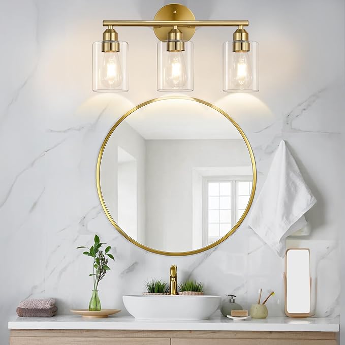 17.3'' Bathroom Gold Vanity Light Fixtures, Modern Wall Lamp for Mirror with Clear Glass Shade, 3-Light