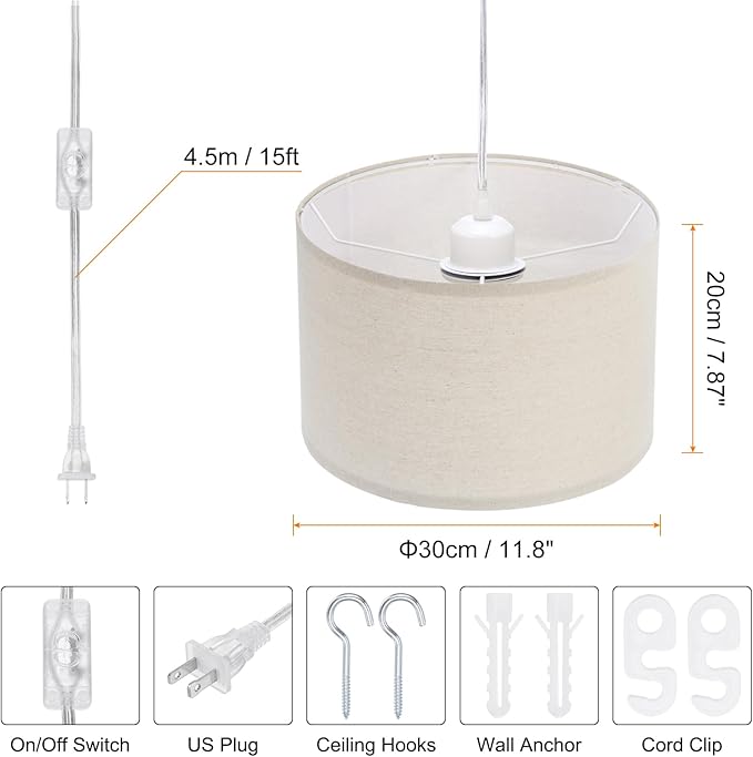 PATIKIL Plug in Pendant Light, 2 Pack 15Ft Rope Cord Hanging Lamp Fixture with ON/Off Switch, Linen Fabric Shade E26/E27 Bulb Socket for Bedroom Kitchen Living Room, Light Linen
