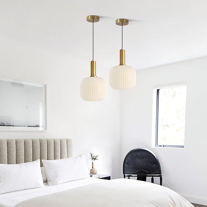 BOKT Pendant Lights Kitchen Island Brass Modern Gold Pendant Light Fixtures 7.9" Vintage Adjustable Height Hanging Lamp with Milk White Glass Shade for Entryway Dining Room Hallway