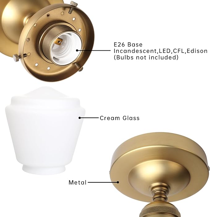 Industrial Semi Flush Mount Ceiling Light with Milk White Glass Pendant Lamp Shade, Vintage Close to Ceiling Light Fixture for Porch, Hallway, Entryway, Kitchen, Bedroom, Hotel