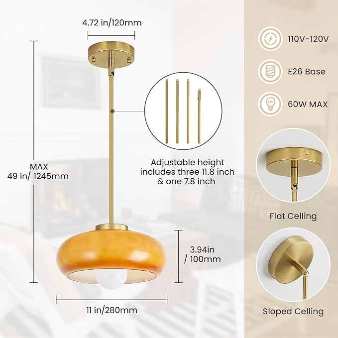 Yunnix Semi Flush Mount Ceiling Light, Gold Light Fixture, Mid-Century Modern Farmhouse Brown Glass Small Light Fixtures for Hallway, Bathroom, Kitchen, Bedroom, Living Room, Closet, Laundry