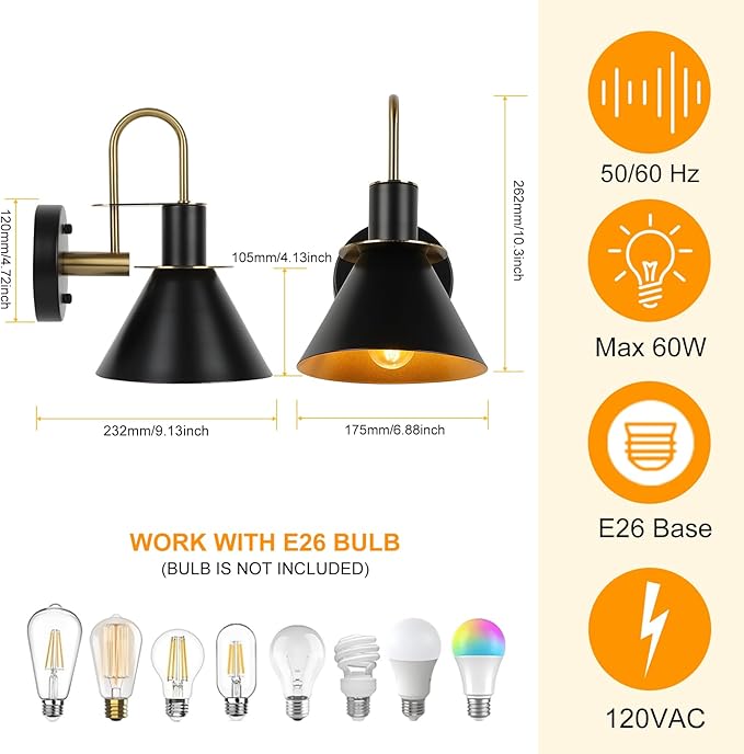 WILON Gold and Black Wall Sconces Set of Two, Modern Farmhouse Wall Light Fixture, Industrial Indoor Wall Lamp for Bathroom Kitchen Sink Bedroom Living Room Bedside Hallway
