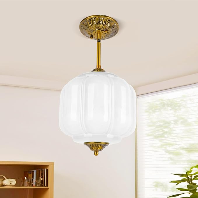 9in White Milk Glass Ceiling Light, LED Bulb Included, Vintage Schoolhouse Semi Flush Mount Pendant Light Art Deco Chandelier for Kitchen Dining Room Hallway Bedroom, Antique Gold & White