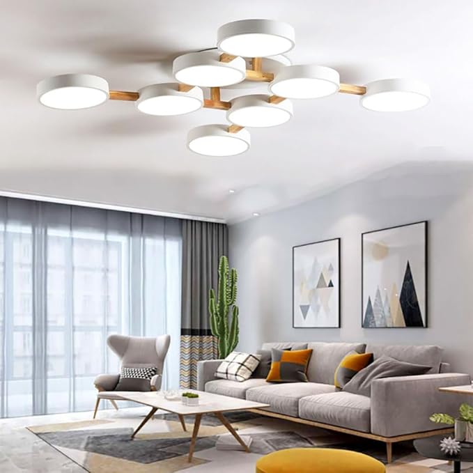LED Ceiling Light Fixture,44 Inch 8-Lights Modern Ceiling Lights Flush Mount Wooden 96W Chandelier for Living Room Bedroom Kitchen,Dimmable 3000K/4000K/6000K Temperatures Selectable, White