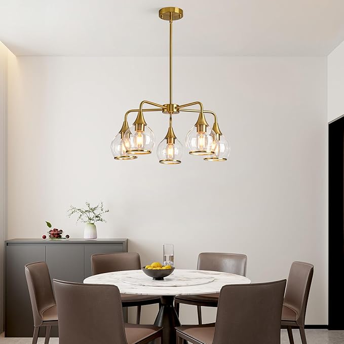Island Light for Kitchen, 5-Light Gold Kitchen Island Linear Hanging Light Chandeliers Dining Room Light Fixture Over Table with Clear Round Glass Shades