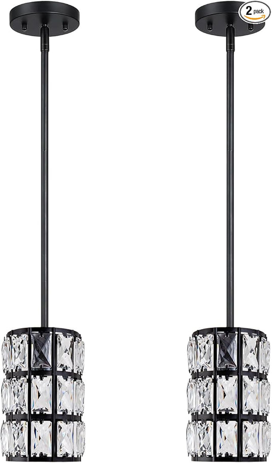 Black Crystal Pendant Light, 2Pack Modern Pendant Lights, Mini Crystal Chandelier Adjustable Hanging Ceiling Light Fixtures for Kitchen Island Dining Room Bedroom Hallway Bar Entryway