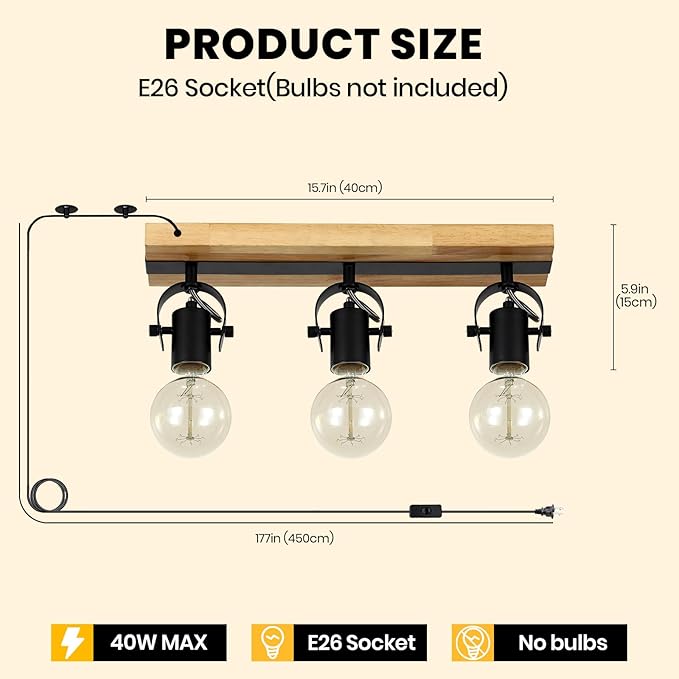 SEEBLEN 3 Light Plug in Track Light,Farmhouse Plug in Ceiling Light with 14.76-Foot Cord,Rotatable Ceiling Spotlight for Kitchen Dining Room Cabinet Hallway Living Room(No Bulb)