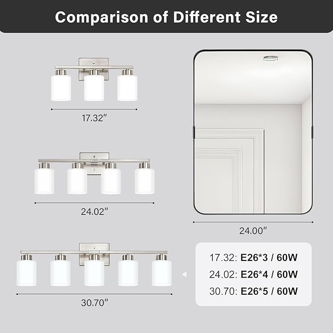 FonmYim Brushed Nickel Bathroom Light Fixtures, 4-Light Modern Vanity Light Over Mirror, Wall Sconces with Milky White Frosted Glass Shades, E26 Socket (Bulbs Not Included)