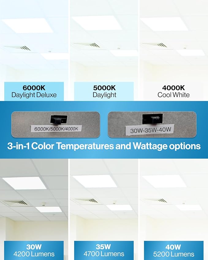 Sunco 6 Pack 2x2 LED Flat Panel Lights for Drop Ceiling, Troffer Replacement Light Fixture, 5200 LM, Selectable Features, 30W/35W/40W, 4000K/5000K/6000K, Dimmable (0-10V) ETL/DLC