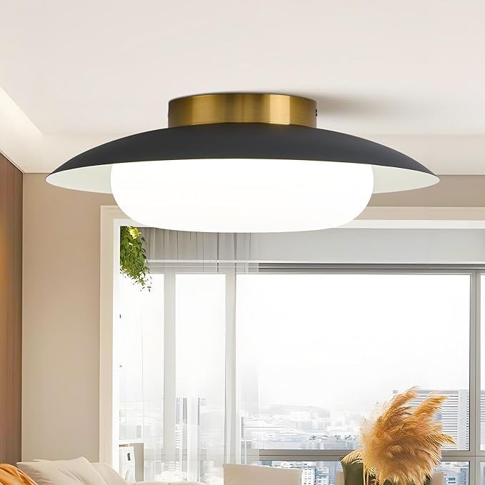 15.75 inch Modern LED Semi Flush Mount Ceiling Light - Round Matte Black and Gold 36W 5000K Daylight Not Dimmable Bright Fixture for Kitchen Master Bedroom Living Room Entryway Lighting