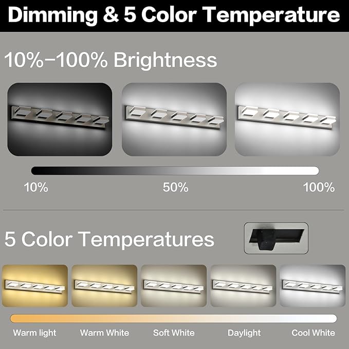 PRESDE 5-Light Bathroom Light Fixtures Over Mirror Brushed Nickel LED Vanity Light for Bathroom Modern Bath Wall Lighting Dimmable 5CCT