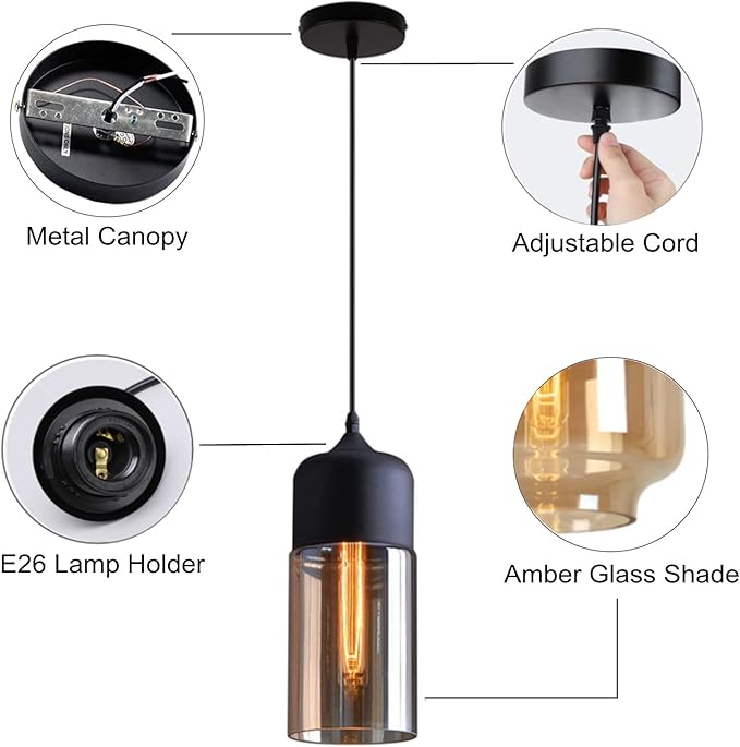 Glass Pendant Light, Black Modern Hanging Lamp with Amber Cylinder Shade, Vintage Industrial Farmhouse Pendant Lighting Fixture for Kitchen Island Dining Room Hallway