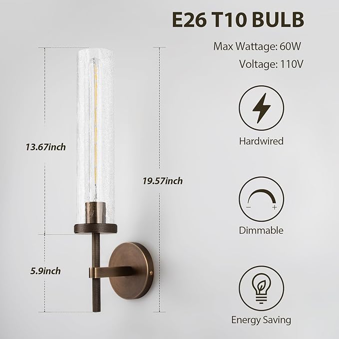 19.5" Knurled Brass Wall Sconces Set of 2, Bronze Bathroom Vanity Light Fixtures with Crackle Glass Tube, Modern Lamp Lighting for Bedroom, Living Room, Hallway, Staircase, Mirror, Kitchen