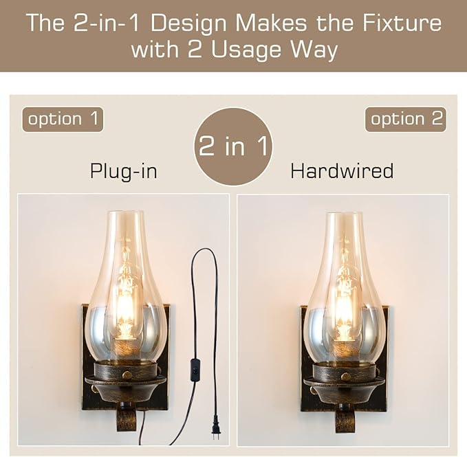 Yisuro Wall Sconces Sets of 2, Oil Rubbed Bronze Plug in Wall Sconce,Retro Rustic Wall Lamps,Sconces Wall Lighting with Amber Glass,Indoor Vintage Bedside Wall Lighting for Living Room Bathroom