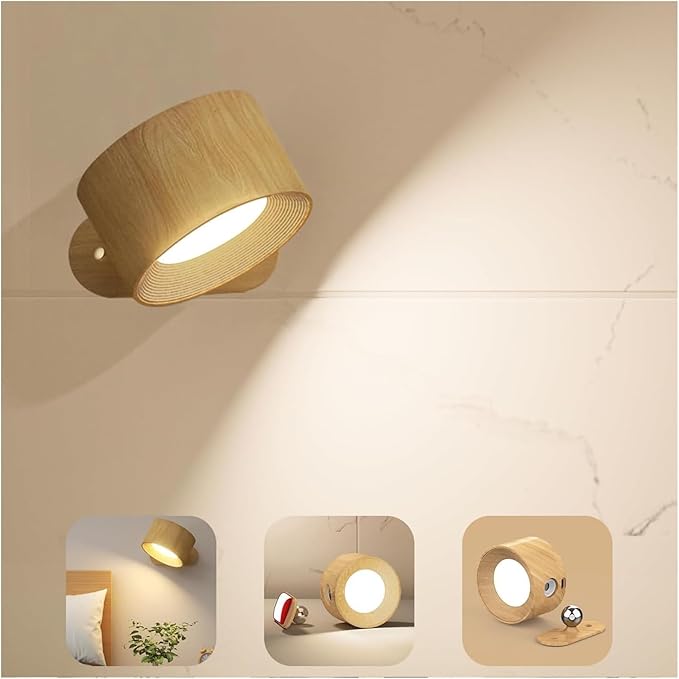 AKSDA Battery Operated Wall Light, LED Wall Sconce with 3 Color Modes, 3 Brightness Levels, 360 Rotation, Touch Control, Cordless Wall Lamp for Bedroom, Reading, Bedside - 1 Pack