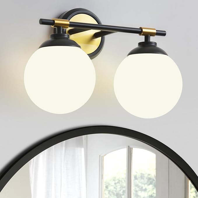 Rayogale Bathroom Light Fixtures, 2-Light Black & Gold Vanity Lights Over Mirror with White Glass Shade, 15 Inch Bathroom Wall Sconces for Bedroom Living Room (Bulbs Not Included)