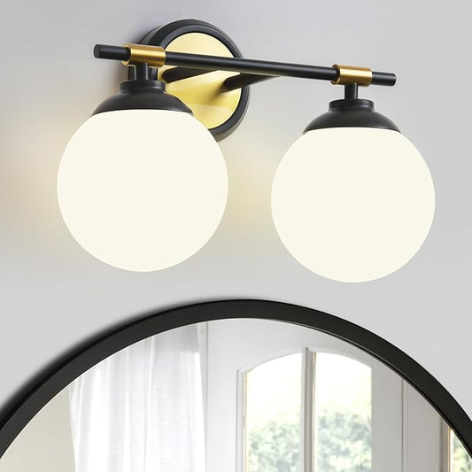 Rayogale Bathroom Light Fixtures, 2-Light Black & Gold Vanity Lights Over Mirror with White Glass Shade, 15 Inch Bathroom Wall Sconces for Bedroom Living Room (Bulbs Not Included)