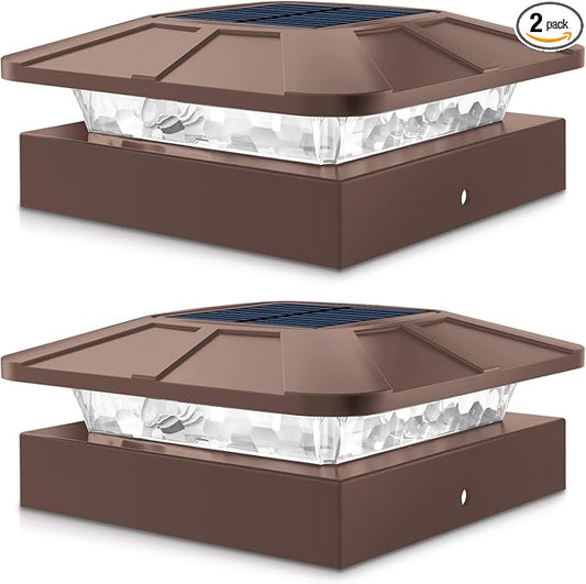 Peasur 4x4 Solar Post Cap Lights Outdoor with 3 Modes, 2 Packs Brown Fence Light Solar Powered Waterproof for 4x4 3.5x3.5 Wood/Vinyl Posts for Deck Yard Garden Patio Outside