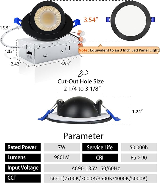 Adetu 3 Inch Gimbal Black Led Recessed Lighting, 360°+90° Adjustable Directional Led Recessed Lights, 2700K/3000K/3500K/4000K/5000K Dimmable Eyeball Canless Downlight with Jbox, ETL (Black,24 Pack)