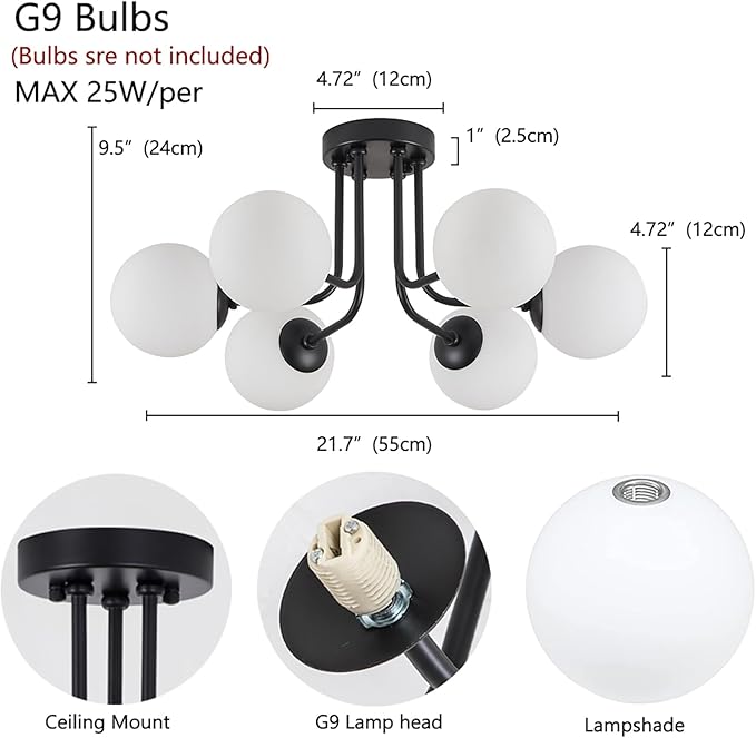 Modern Semi Flush Mount Ceiling Light 6-Light,Black White Glass Shade Semi Flush Mount Ceiling Light Sputnik Chandeliers for Bedroom Living Room Hallway Dining Room Lighting Fixture
