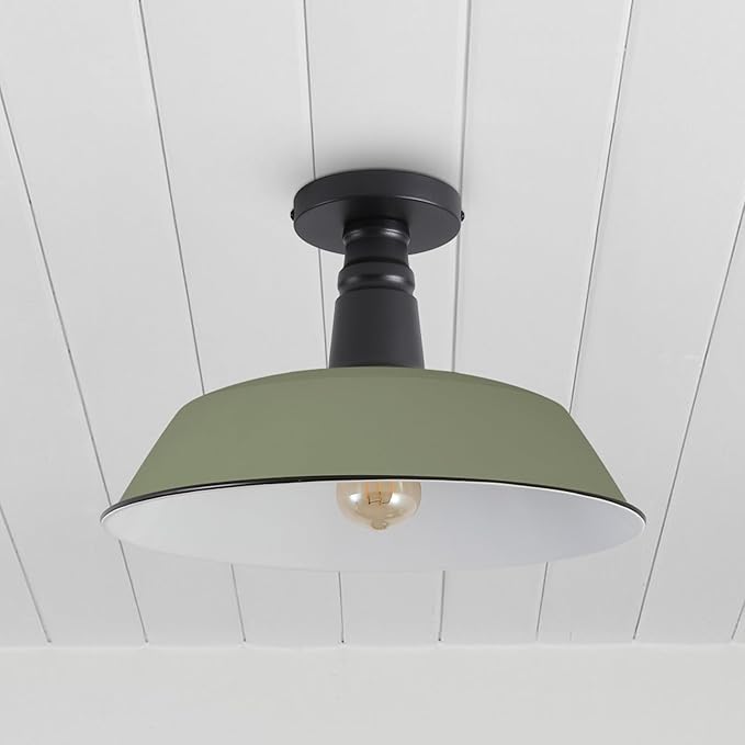 JONATHAN Y 14" Matte Olive Green/Black Industrial LED Semi Flush Mount Ceiling Light for Porch, Kitchen, Entryway, Modern Farmhouse Iron Fixture, White Metal Shade, LED Bulb Included (JYL7617I)