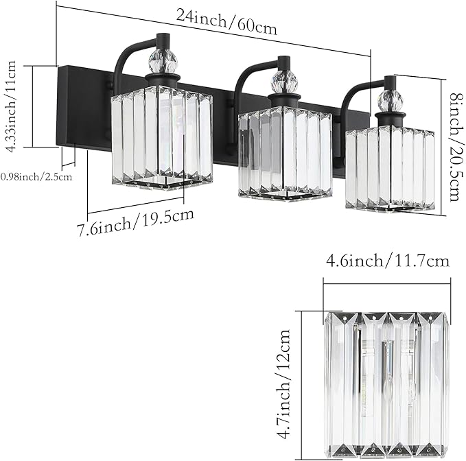 Ralbay Crystal Black Vanity Light for Bathroom 3 Light 24''Modern Matte Black Bathroom Vanity Lighting Fixtures Over Mirror
