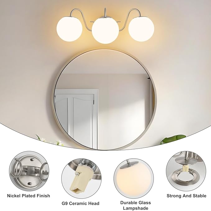 3 Lights Vintage Bathroom Vanity Light Fixtures Over Mirror, Brushed Nickel Vanity Lights For Bathroom With Milk White Glass Globe Shade, Wall Lights For Bedroom, Hallway, Dressing Table(G9 Incl.)