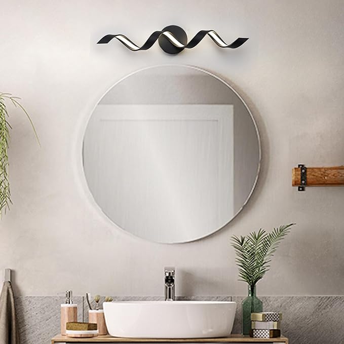 LED Modern Bathroom Vanity Light Fixtures, 24 inch Matte Black Wall Lamp Bedroom 4000K, Spiral Design Wall Sconce for Mirror, Living Room, Bedroom, Hallway 15W
