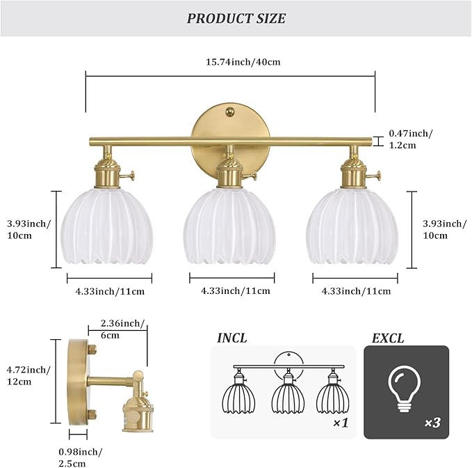 Shenmoyl Bathroom Light Fixtures, 3-Light Brass Vanity wall Light Over Mirror with White Tulip Glass Shade for Bedroom Living Room (Bulb Not Included)