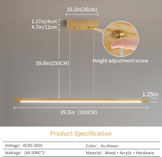 Modern Wooden Pendant Light, 39IN White Ash Wood Chandelier with Remote Control 3000k-6500K Adjustable Color Temperature，Aluminum Island Lighting Lamp for Dining Room, Living Room B