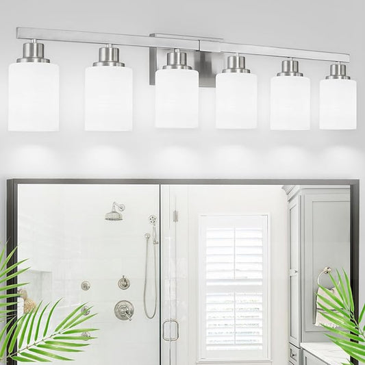 38" Bathroom Vanity Light, 6-Light Nickel Vanity Lights for Bathroom, Wall Sconce Lighting with Milky White Glass Shade, Wall Lights,Bath Vintage Wall Mounted Lamps for Mirror Bedroom