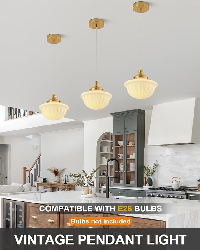 Schoolhouse Milk White Glass Pendant Light,9" Adjustable Hanging Pendant Light, Gold Mid Century Light Fixtures for Bedroom Diningroom Hallway Entryway