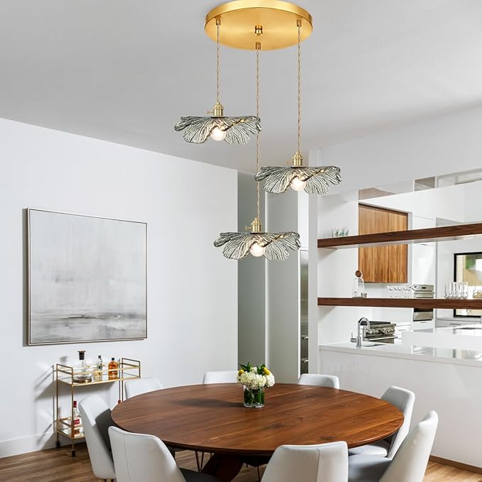 Gold Brass Chandelier 3-Light Retro Hanging Pendant Light Fixtures Dark Green Glass Shade Mid Century Modern Chandelier for Dining Room Farmhouse Living Room
