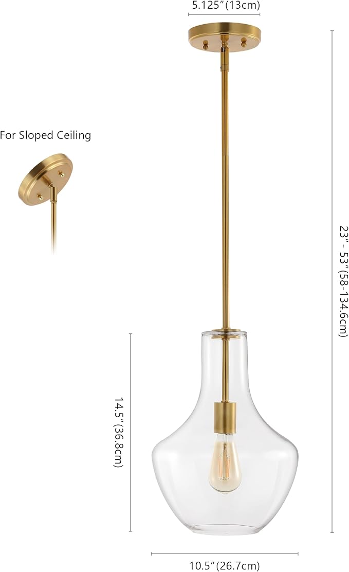 JONATHAN Y 10.5" Brass Gold/Clear Mid-Century Modern 1-Light LED Pendant Light Fixture, Adjustable Schoolhouse Hanging Lamp for Kitchen Island, Clear Glass Shade, LED Bulb Included (JYL6400C)