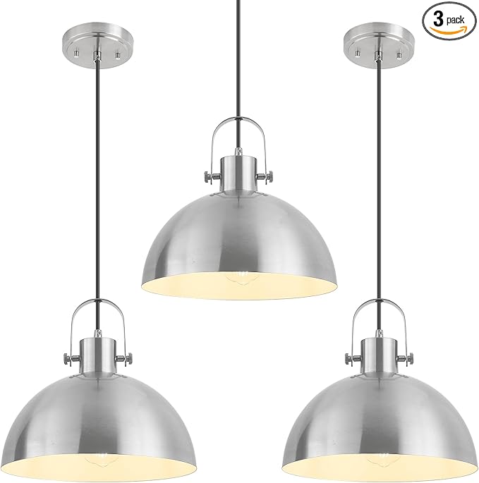12 Inch Farmhouse Pendant Lights, Brushed Nickel Pendant Lighting for Kitchen Island, lndustrial Adjustable Height Hanging Light for Barn, Dining Room, 3 Pack