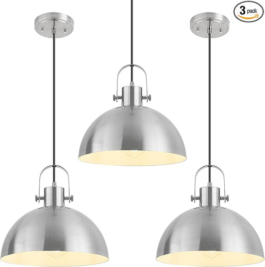 12 Inch Farmhouse Pendant Lights, Brushed Nickel Pendant Lighting for Kitchen Island, lndustrial Adjustable Height Hanging Light for Barn, Dining Room, 3 Pack