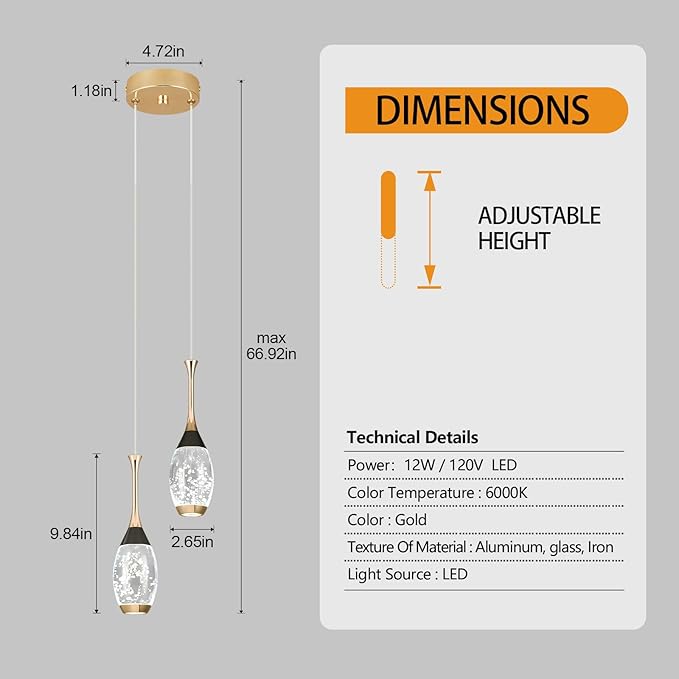 Modern Black Gold Pendant Light Dimmable LED Ceiling Light Fixtures Mini Teardrop Crystal Pendant Lighting for Kitchen Island Bedroom Hallway Entryway (2 Light，Champagne Gold)
