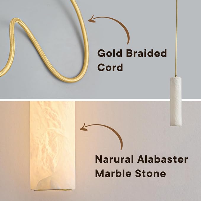 Natural Alabaster Pendant Light Fixture, Modern Marble Kitchen Island Lamp, Long Tube Alabaster Chandelier with LED Light Strip, Small Pendant Light for Kitchen, Dining Room, Living Room (1 Pack)