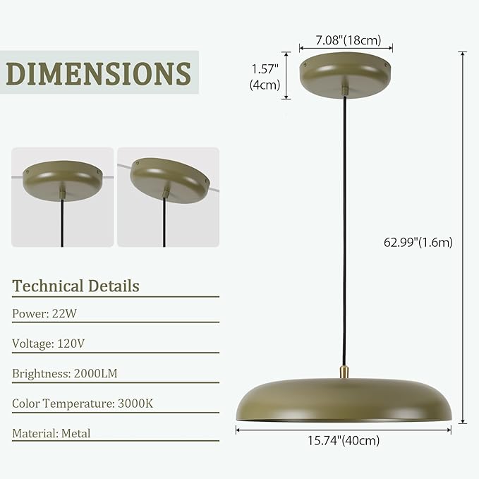 BISAMIYA 16" Modern Dimmable LED Pendant Light - Elegant Deep Green Metal Shade for Kitchen Island, Dining Room & Living Room - 3000K Warm White