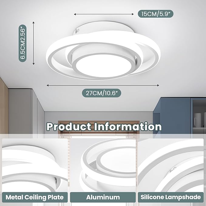 CANEOE 2 Packs Small Modern LED Ceiling Light,2 Rings Creative Design Ceiling Lamp Indoor Hallway Ceiling Lighting Fixtures for Hallway Living Room Bedroom Kitchen Office (White)
